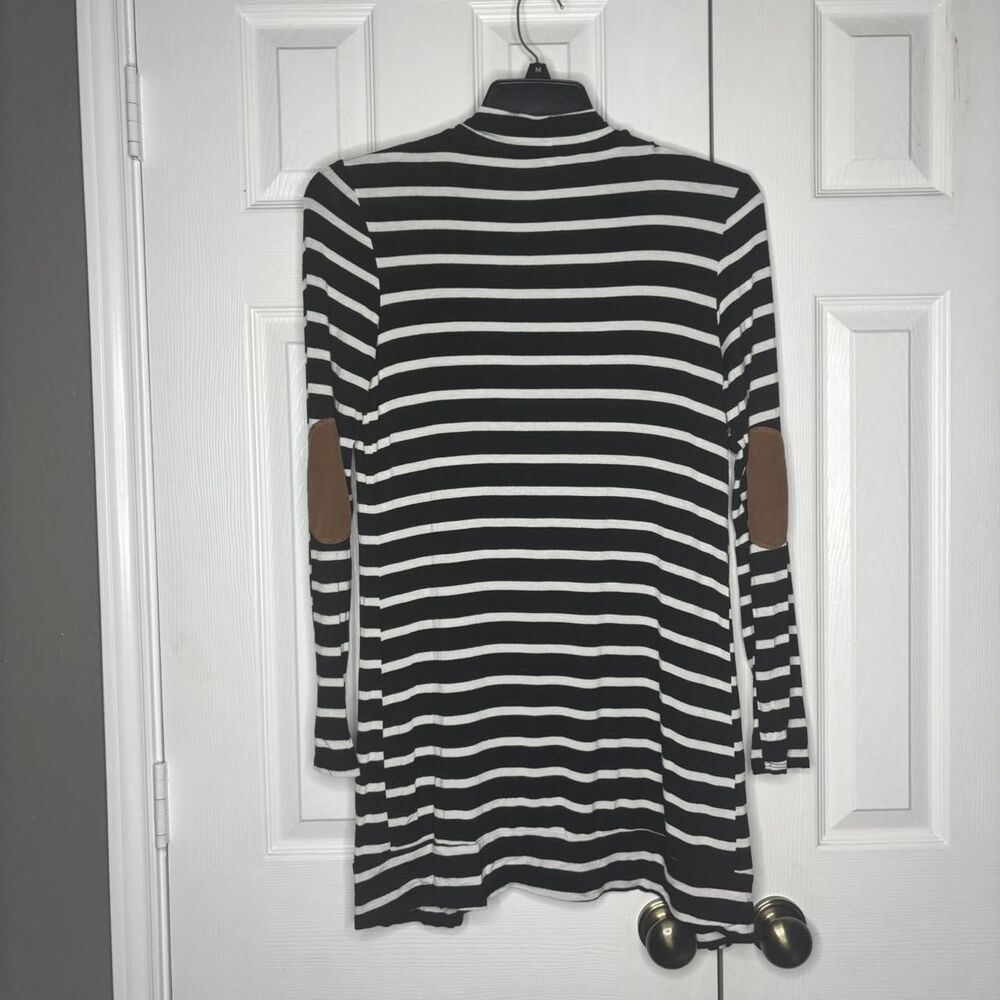 Bellamie Medium Black White Striped Cardigan Elbow Patch Open Front